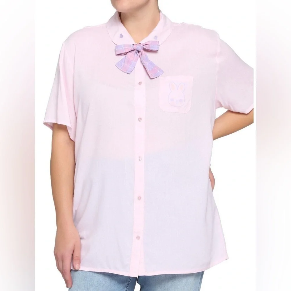 Hot Topic Kawaii Pastel Bunny Bow Girls Woven Button-Up Size Small